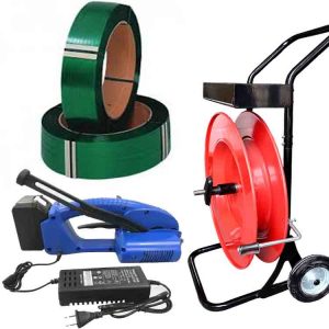 Kit de cerclage palettes JET 12-16 mm PET/PP avec batterie, chargeur, feuillard PET 12 mm, chariot-dérouleur