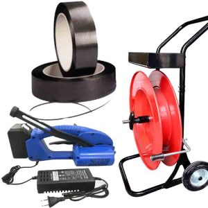 Kit de cerclage plastique JET 12-16 mm PET/PP avec batterie, chargeur, feuillard PP 12 mm, chariot-dérouleur