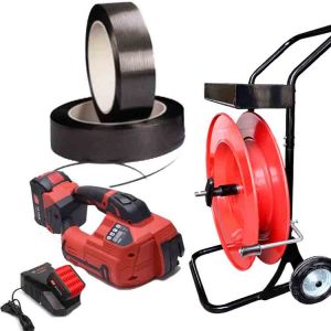 Kit de cerclage polypropylène TITAN 10-16mm PET/PP avec batterie, chargeur, feuillard PP 12mm, chariot de cerclage