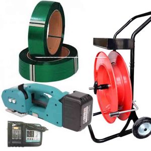 Kit de cerclage polyester NEO 9-16mm PET/PP avec batterie, chargeur, feuillard PET 15,5mm, chariot-dérouleur