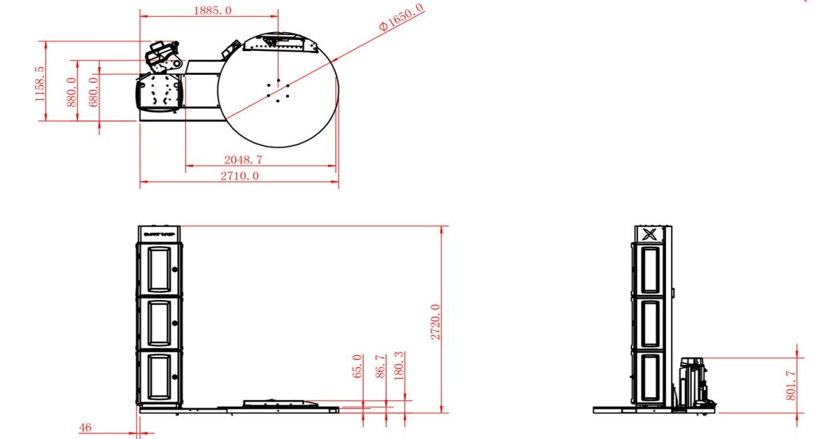 Plan au sol de la banderoleuse à plateau tournant automatique SMARTWRAP X10 PRE-STRETCH capacité 2000kg