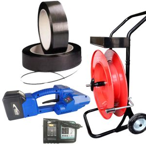 Kit de cerclage polyester NEO2 9-16 mm PET PP avec batterie, chargeur et feuillard PP, vue du kit