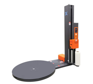 Filmeuse pré-étirage SMARTWRAP X2 avec balance et imprimante d’étiquettes, avec plateau tournant et chariot porte-film sur la colonne
